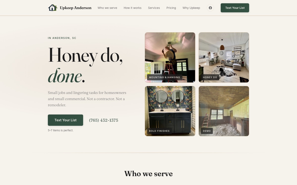 Upkeep Anderson — handyman and small-jobs service for Anderson SC homeowners